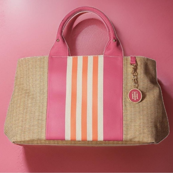 Tommy Hilfiger Preppy Jolene Printed Straw w/ Printed Stripes Pink Handbag - Picture 1 of 16